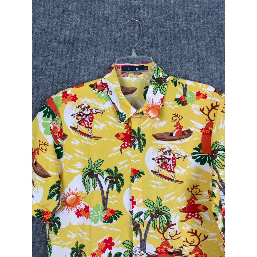 SSLR Christmas Hawaiian Shirt Mens Small Yellow Excellent Surfing Santa Reindeer - Picture 2 of 13